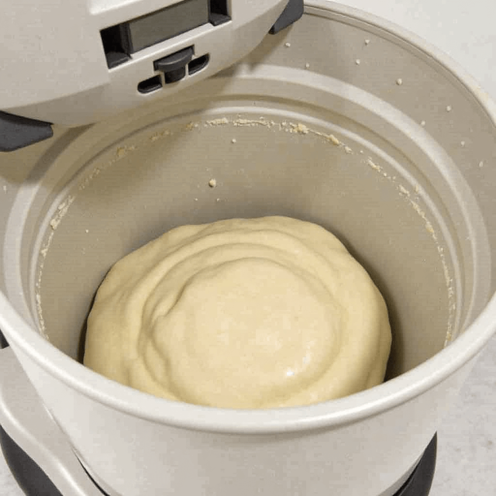 "Mixing ingredients for pizza dough in a bread machine"